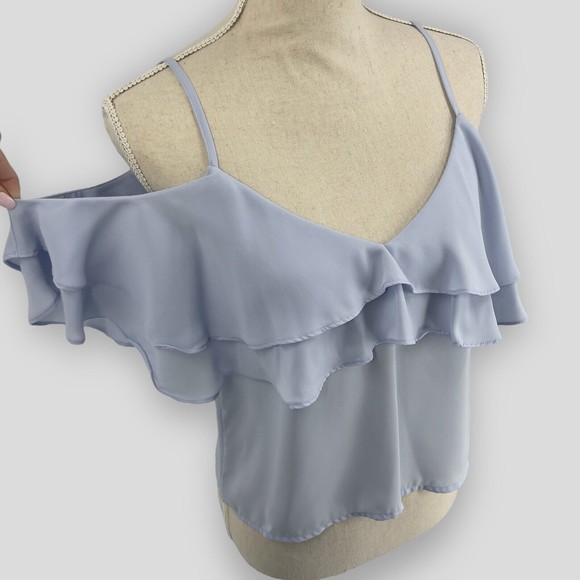 Forever 21 Ruffle Flounce Cami Womens Cold Shoulder Sheer Blouse Blue Size Small - Picture 2 of 9